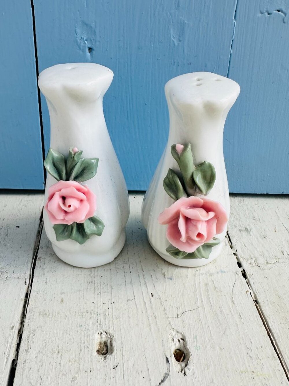 Vintage Salt and Pepper Shakers White with Pink Roses Cottagecore Dining Floral